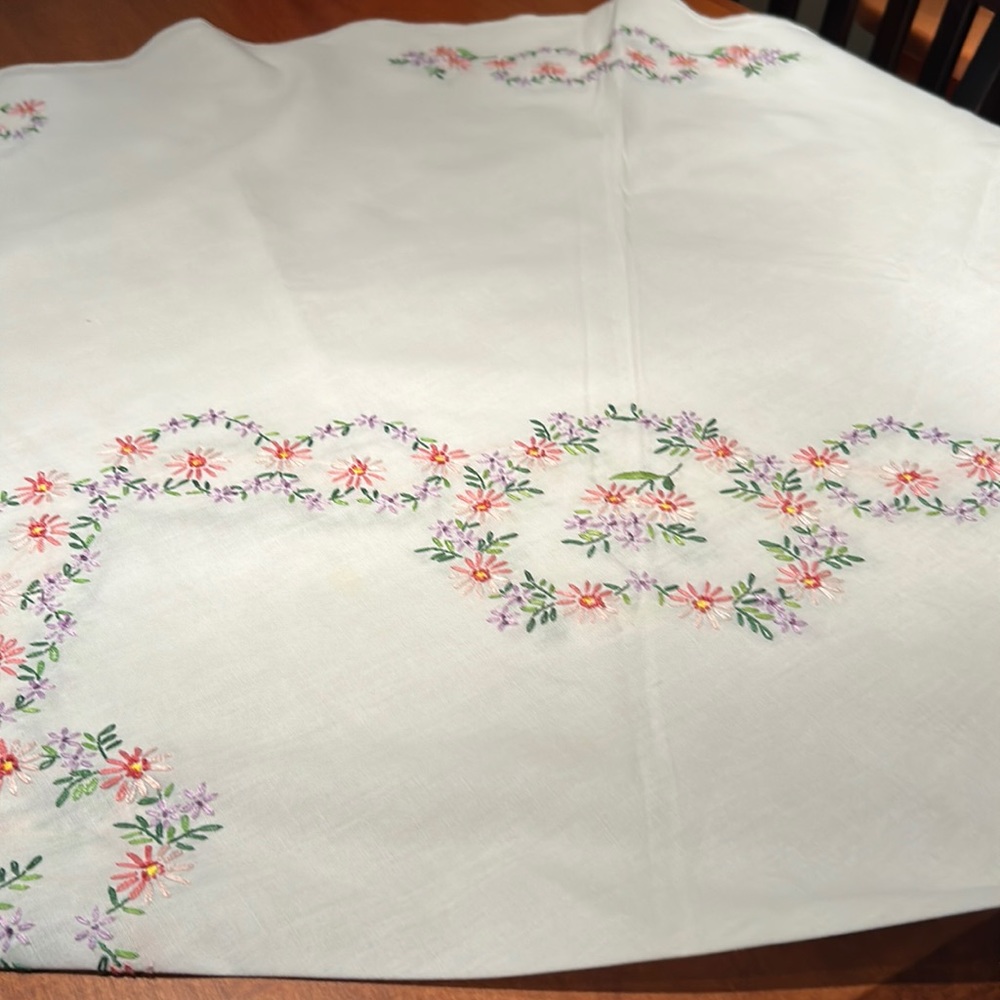 60 inch round tablecloth hand embroidered in pink lavender green smoke free home